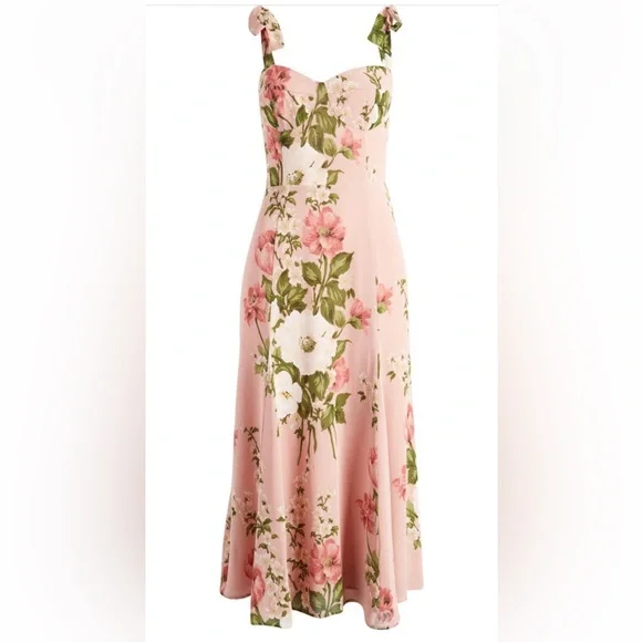 NWT Reformation Nadira Tie Strap Sweetheart Midi Dress Size 8 Rose Garden - Picture 1 of 6